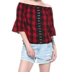 Hot Topic Red Plaid Off-Shoulder Top
